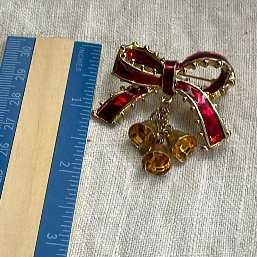 Vintage bow & dangle bells holiday brooch